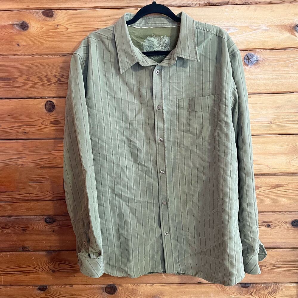 prAna Men's XXL Olive Green Stripe Corduroy Look Button Up Shirt